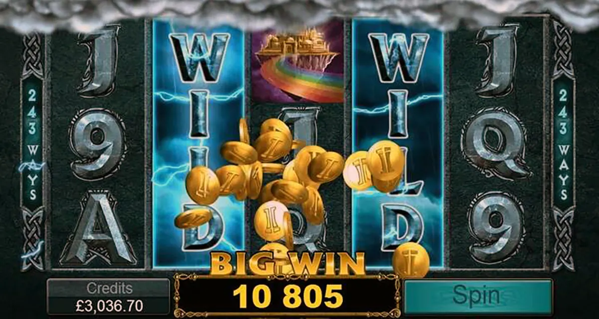 “Thunderstruck II slot screen showing a BIG WIN celebration with gold coins flying over blue lightning ‘WILD’ reels, metallic rune-styled symbols (J, Q, 9, A), and a small rainbow-bridge castle icon in the center reel.”